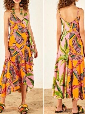 FARM RIO womens XL midi dress Beaded Macaws Pink Foliage Mixed Prints summer NWT